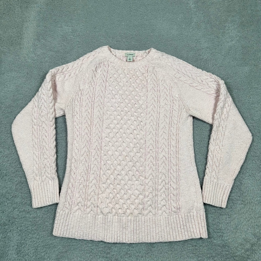 LL‎ Bean Womens Pink Cotton Cable Knit Popcorn Sweater Crew Neck Long Sleeve L